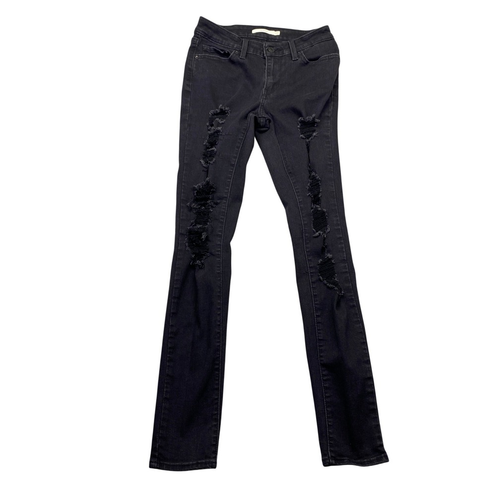 Levis 711 Skinny Jeans Womens 25 Black Distressed Ripped Denim Pants Grunge‎